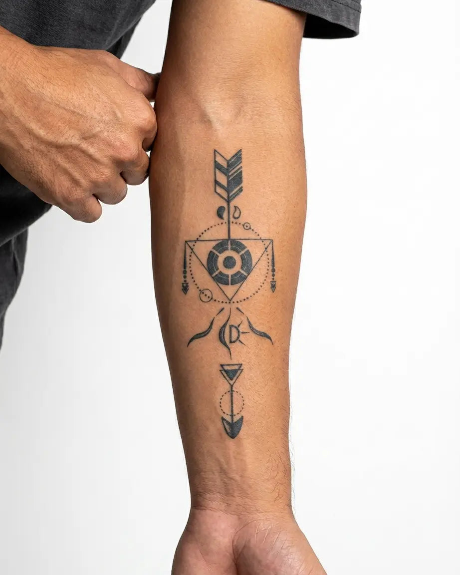 INKON Geometric Arrow semi-permanent tattoo applied on a man – 4 x 7 in (10x17cm) design, realistic ink look, lasts 10 days