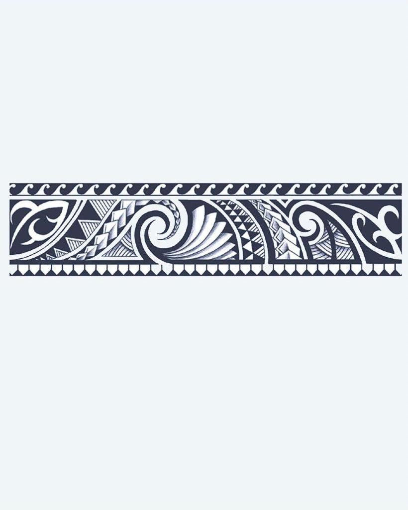 Polynesian Tribal Band semi-permanent tattoo design by INKON – maori, armband, flowing, koru, spirals illustration, 2 x 9 in (5x23cm), available at inkon.co