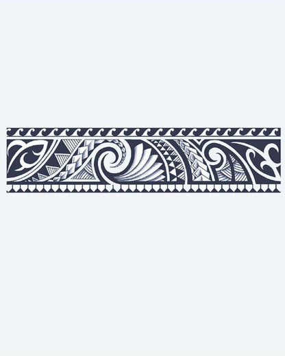 Polynesian Tribal Band semi-permanent tattoo design by INKON – maori, armband, flowing, koru, spirals illustration, 2 x 9 in (5x23cm), available at inkon.co