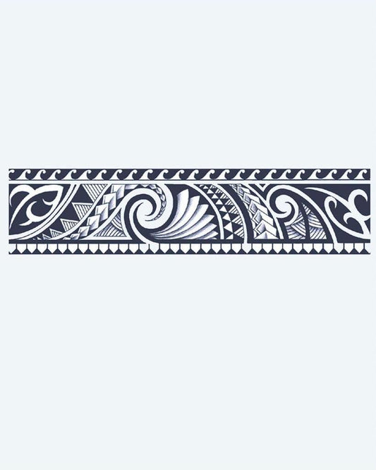 Polynesian Tribal Band semi-permanent tattoo design by INKON – maori, armband, flowing, koru, spirals illustration, 2 x 9 in (5x23cm), available at inkon.co