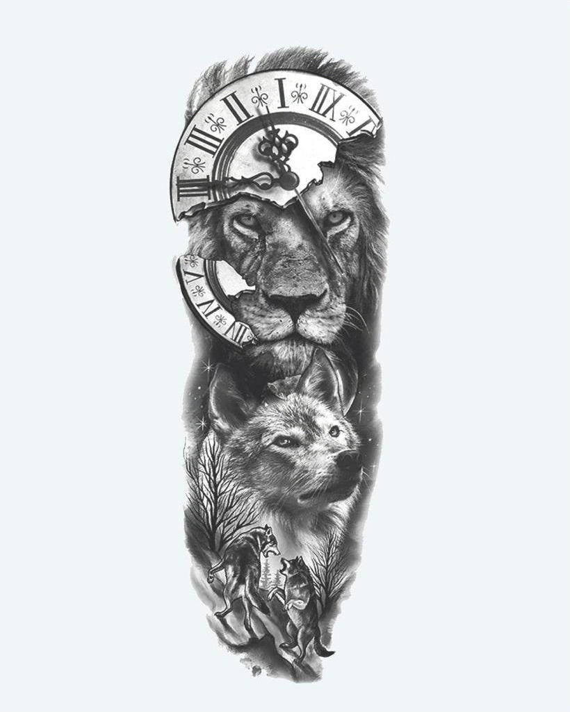 Lion, Wolf & Clock semi-permanent tattoo design by INKON – full, sleeve, majestic, lion, wolf illustration, 8 x 20 in (20x50cm), available at inkon.co