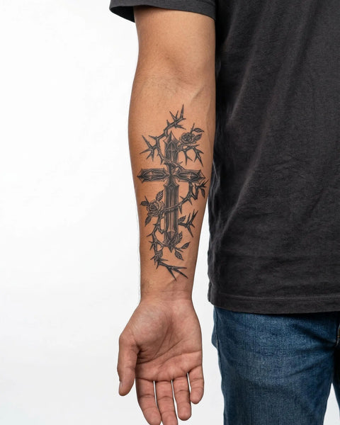 Cross with Roses & Thorns Realistic Temporary Tattoo for Men | INKON