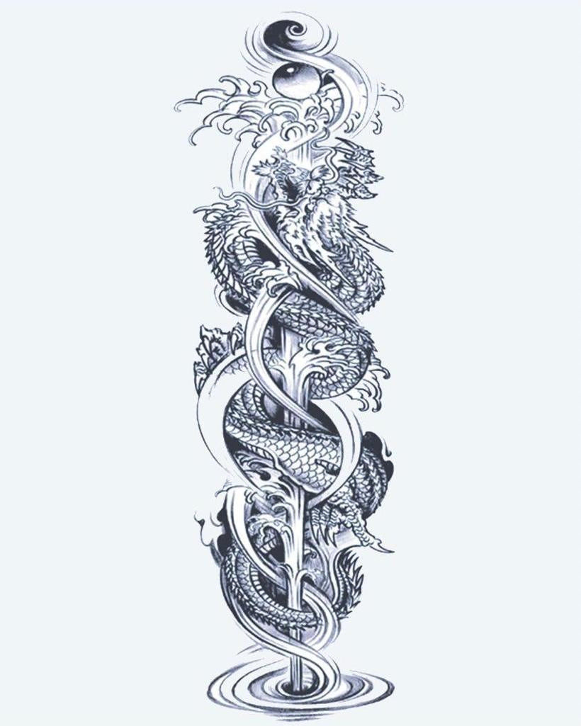 Twin Dragons & Yin Yang semi-permanent tattoo design by INKON – full, sleeve, intertwined, dragons, spiraling illustration, 8 x 20 in (20x50cm), available at inkon.co