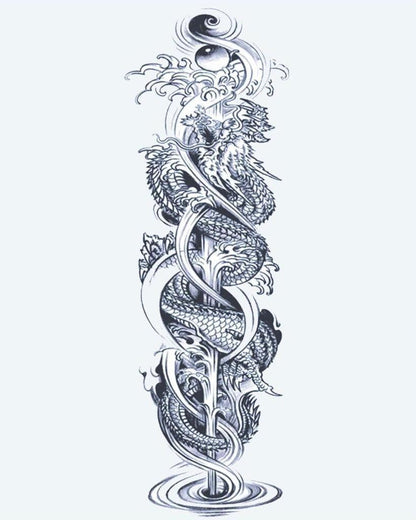 Twin Dragons & Yin Yang semi-permanent tattoo design by INKON – full, sleeve, intertwined, dragons, spiraling illustration, 8 x 20 in (20x50cm), available at inkon.co