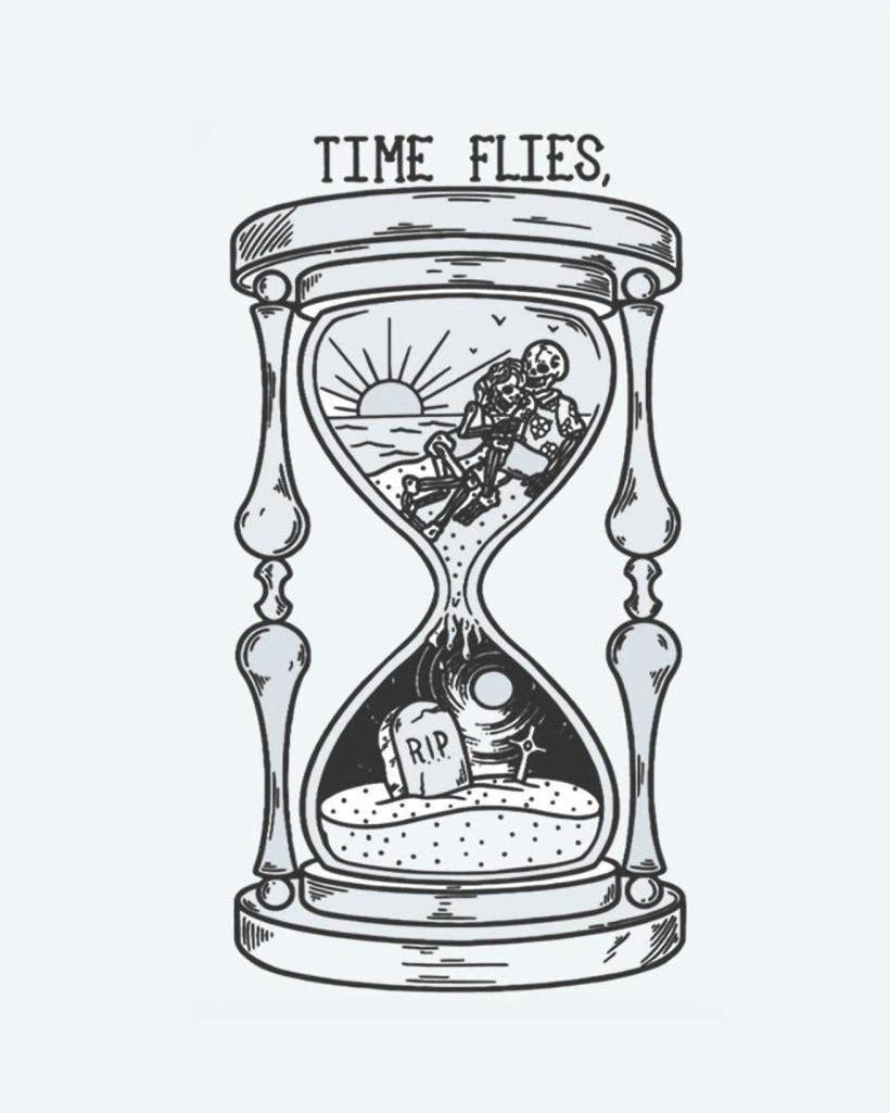 Time Flies Hourglass semi-permanent tattoo design by INKON – hourglass, skeleton, gravestone, inside, topped illustration, 3 x 4 in (6x11cm), available at inkon.co