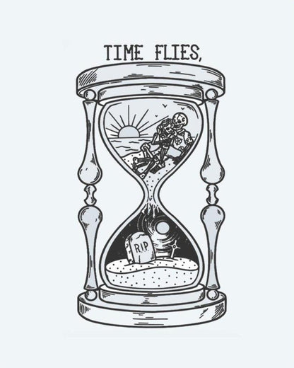Time Flies Hourglass semi-permanent tattoo design by INKON – hourglass, skeleton, gravestone, inside, topped illustration, 3 x 4 in (6x11cm), available at inkon.co
