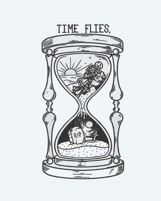 Time Flies Hourglass semi-permanent tattoo design by INKON – hourglass, skeleton, gravestone, inside, topped illustration, 3 x 4 in (6x11cm), available at inkon.co