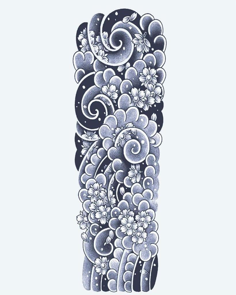 Japanese Clouds & Cherry Blossoms semi-permanent tattoo design by INKON – stunning, japanese, full, sleeve, swirling illustration, 8 x 20 in (20x50cm), available at inkon.co
