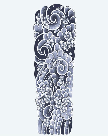 Japanese Clouds & Cherry Blossoms semi-permanent tattoo design by INKON – stunning, japanese, full, sleeve, swirling illustration, 8 x 20 in (20x50cm), available at inkon.co