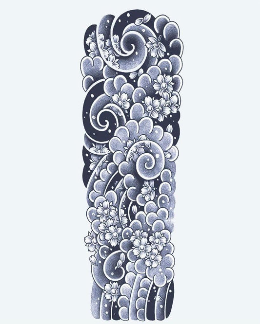 Japanese Clouds & Cherry Blossoms semi-permanent tattoo design by INKON – stunning, japanese, full, sleeve, swirling illustration, 8 x 20 in (20x50cm), available at inkon.co