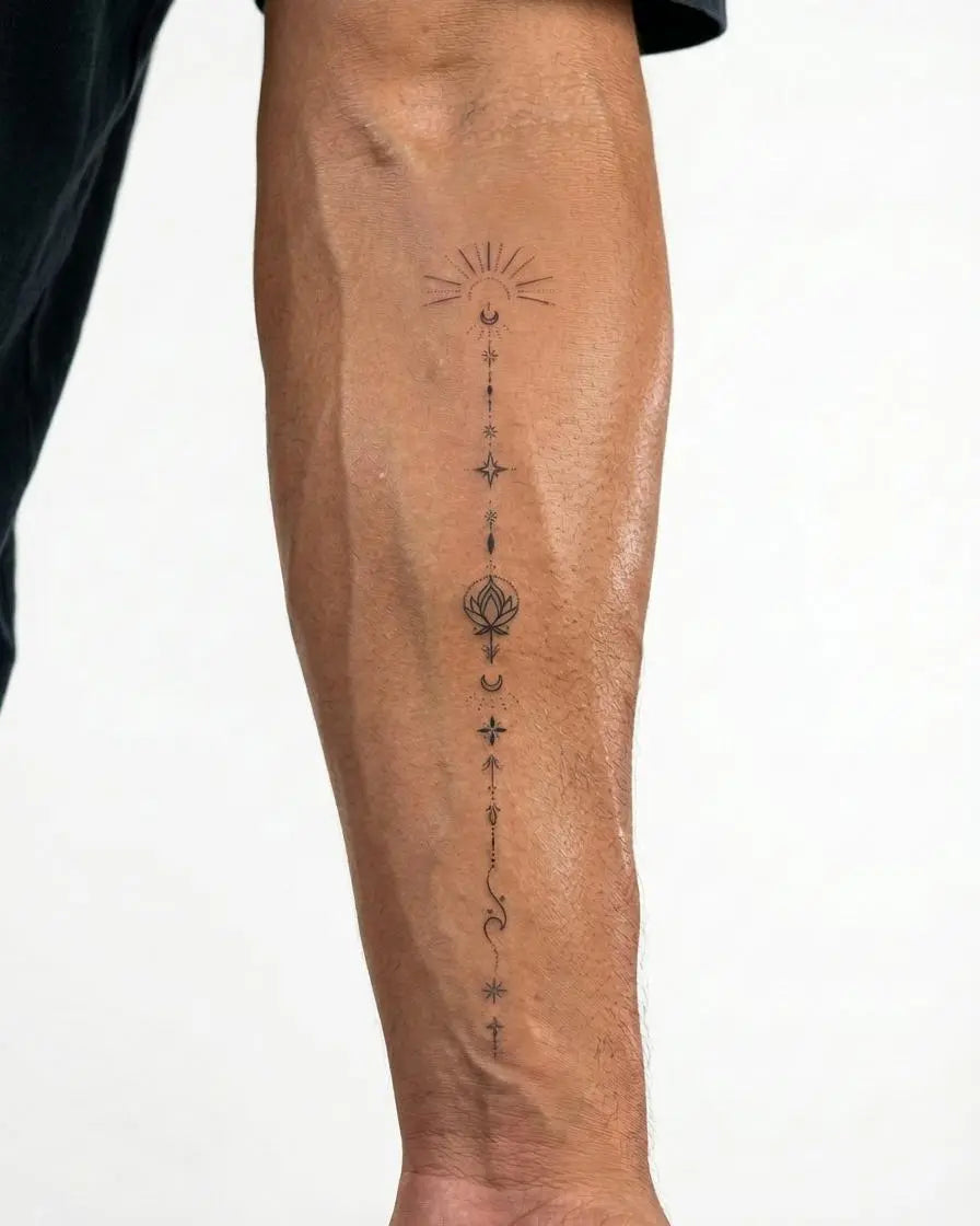 INKON Celestial Lotus Totem semi-permanent tattoo applied on a man – 4 x 7 in (10x17cm) design, realistic ink look, lasts 10 days