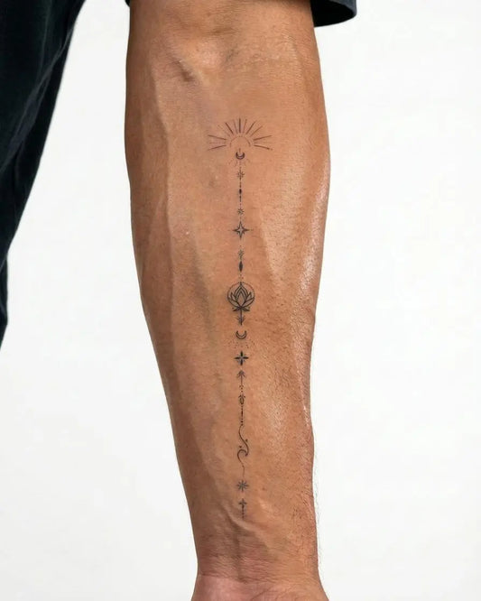 INKON Celestial Lotus Totem semi-permanent tattoo applied on a man – 4 x 7 in (10x17cm) design, realistic ink look, lasts 10 days
