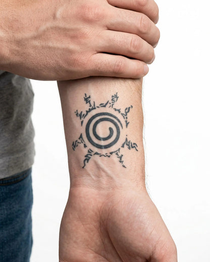 INKON Spiral Seal semi-permanent tattoo applied on a man – 2 x 2 in (5x5cm) design, realistic ink look, lasts 10 days