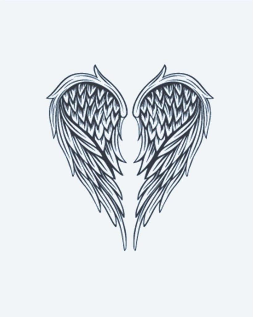 Angel Wings semi-permanent tattoo design by INKON – beautifully, symmetrical, pair, angel, wings illustration, 3 x 4 in (7x10cm), available at inkon.co