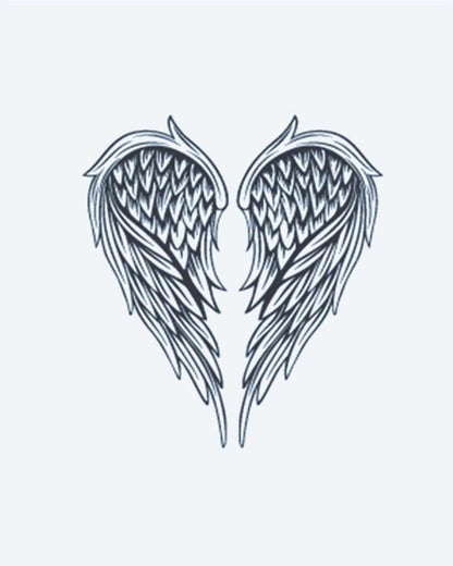 Angel Wings semi-permanent tattoo design by INKON – beautifully, symmetrical, pair, angel, wings illustration, 3 x 4 in (7x10cm), available at inkon.co
