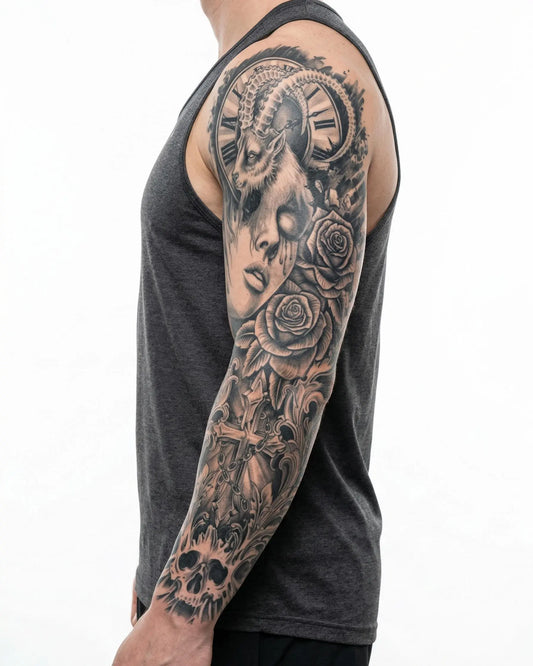 INKON Ram Woman & Gothic Cross semi-permanent tattoo applied on a man – 8 x 20 in (20x50cm) design, realistic ink look, lasts 10 days