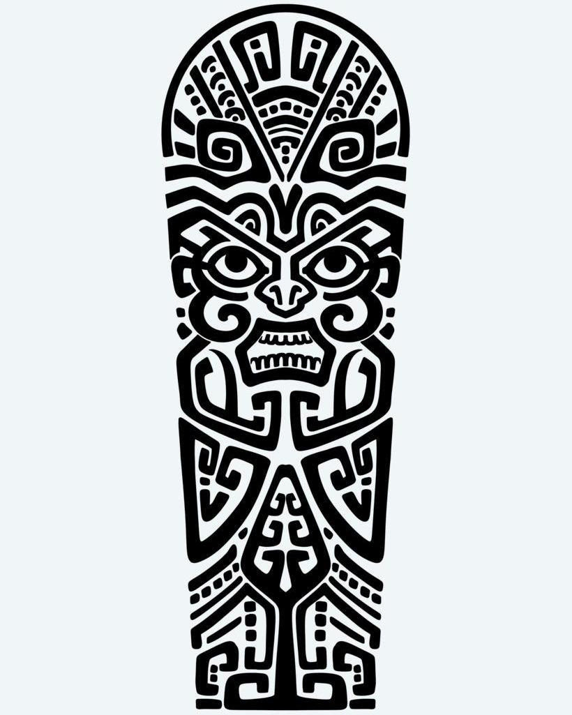 Polynesian Tiki Face semi-permanent tattoo design by INKON – polynesian, centered, tiki, face, lines illustration, 8 x 20 in (20x50cm), available at inkon.co
