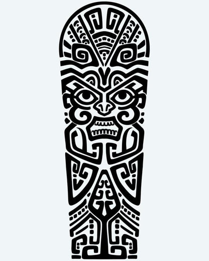 Polynesian Tiki Face semi-permanent tattoo design by INKON – polynesian, centered, tiki, face, lines illustration, 8 x 20 in (20x50cm), available at inkon.co