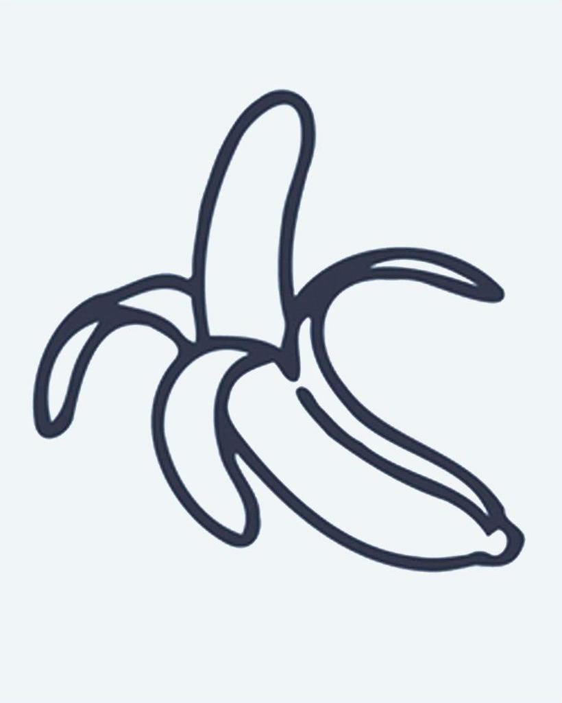 Peeled Banana semi-permanent tattoo design by INKON – half, peeled, banana, line, playful illustration, 2 x 2 in (5x5cm), available at inkon.co