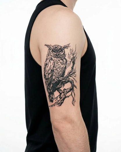 INKON Owl on Branch semi-permanent tattoo applied on a man – 4 x 7 in (10x17cm) design, realistic ink look, lasts 10 days
