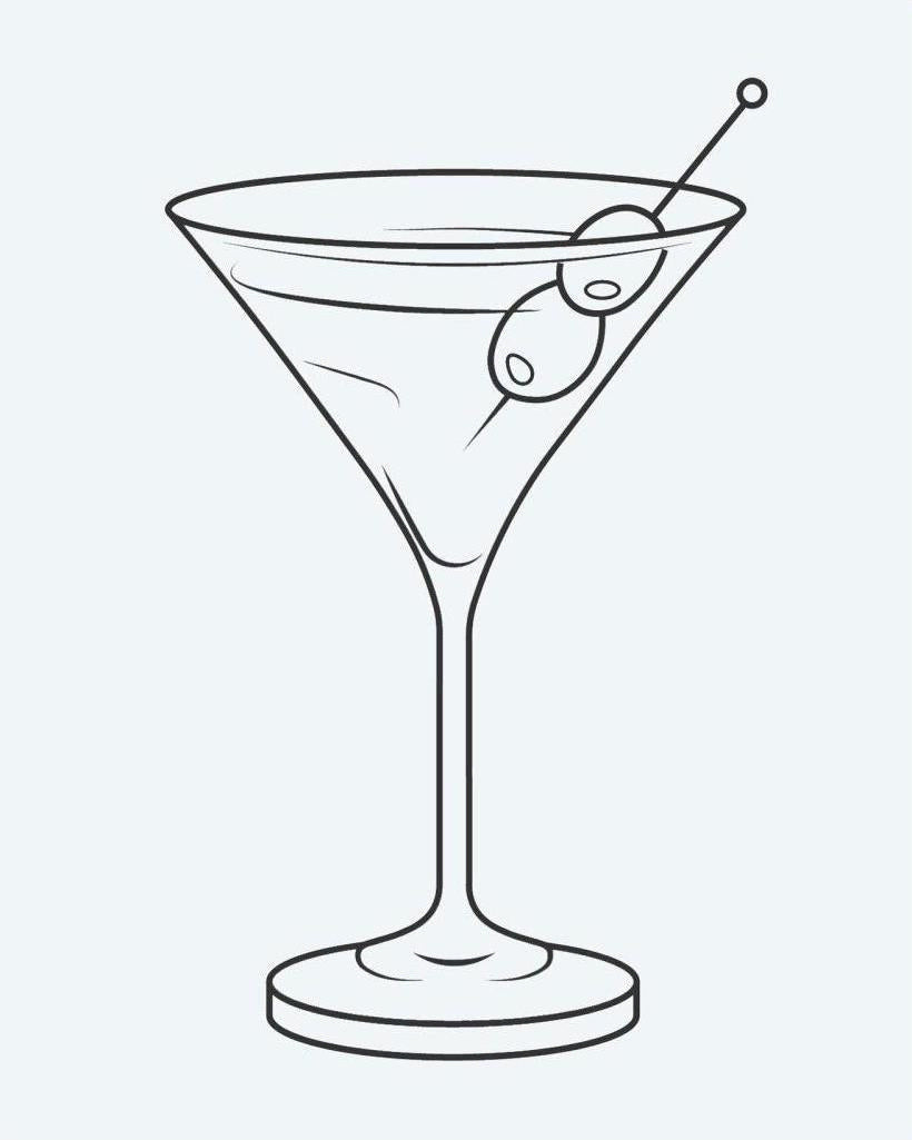 Martini Glass semi-permanent tattoo design by INKON – martini, glass, olive, garnish, line illustration, 2 x 2 in (5x5cm), available at inkon.co