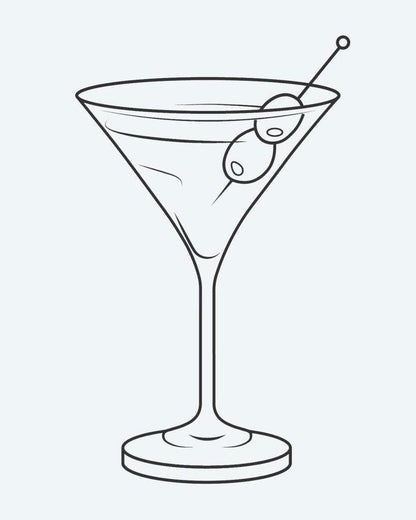 Martini Glass semi-permanent tattoo design by INKON – martini, glass, olive, garnish, line illustration, 2 x 2 in (5x5cm), available at inkon.co