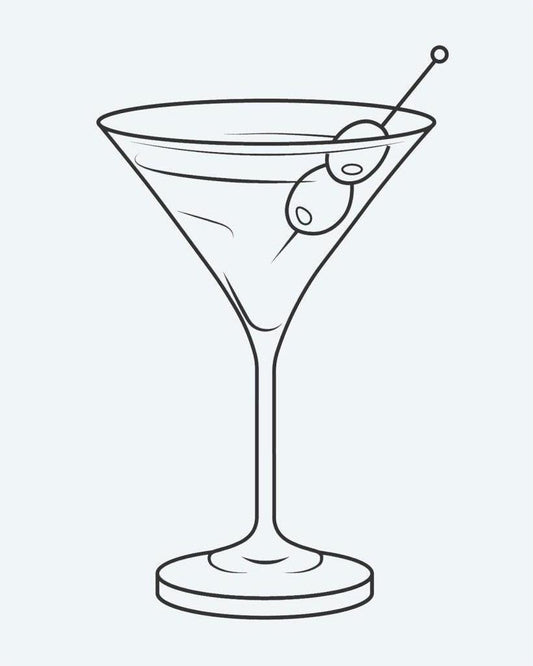 Martini Glass semi-permanent tattoo design by INKON – martini, glass, olive, garnish, line illustration, 2 x 2 in (5x5cm), available at inkon.co