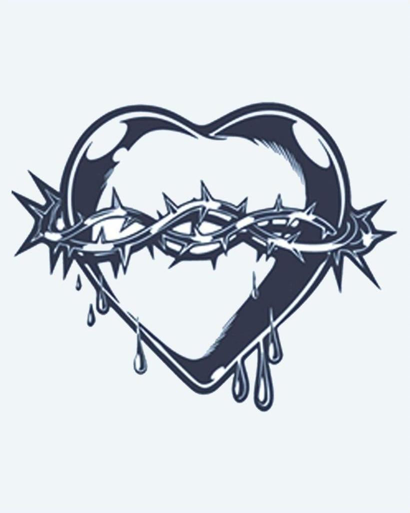 Sacred Heart & Thorns semi-permanent tattoo design by INKON – sacred, heart, wrapped, crown, thorns illustration, 2 x 2 in (5x5cm), available at inkon.co