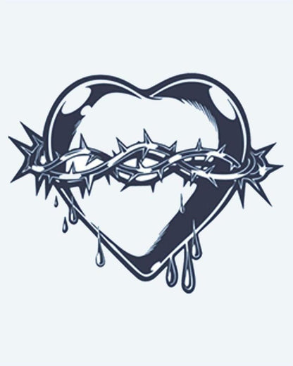 Sacred Heart & Thorns semi-permanent tattoo design by INKON – sacred, heart, wrapped, crown, thorns illustration, 2 x 2 in (5x5cm), available at inkon.co