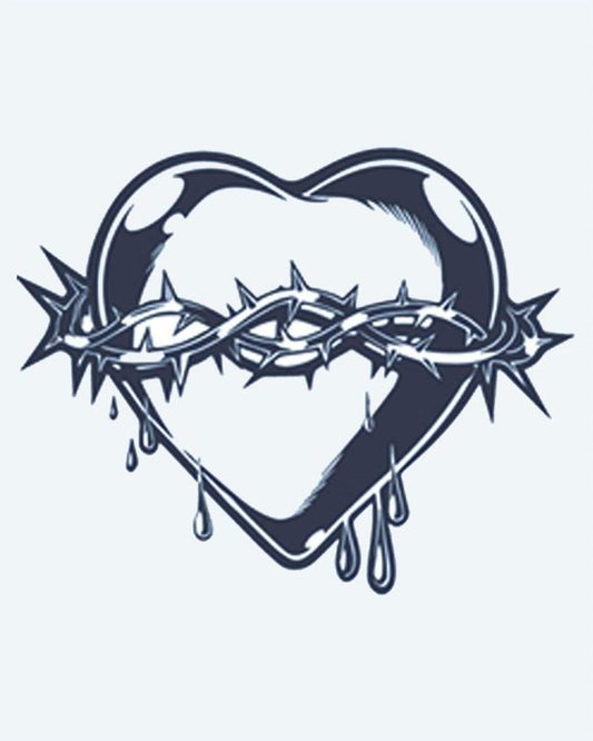 Sacred Heart & Thorns semi-permanent tattoo design by INKON – sacred, heart, wrapped, crown, thorns illustration, 2 x 2 in (5x5cm), available at inkon.co