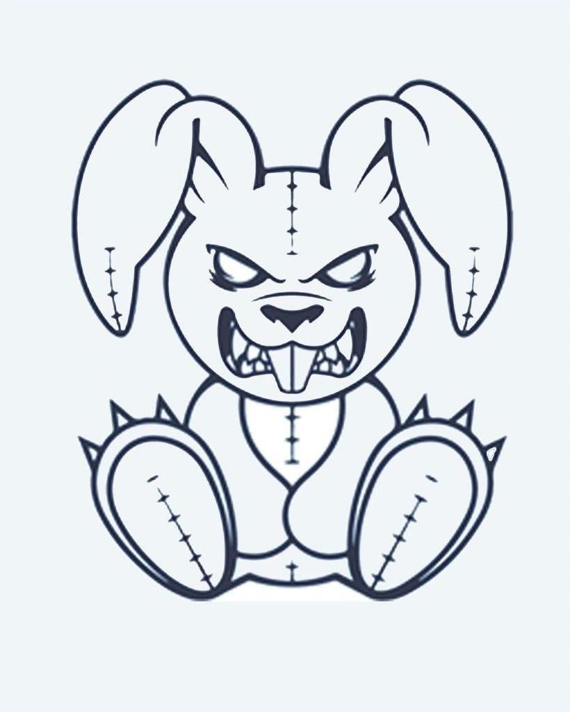 Evil Bunny semi-permanent tattoo design by INKON – creepy, stitched, bunny, plush, menacing illustration, 2 x 2 in (5x5cm), available at inkon.co
