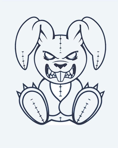 Evil Bunny semi-permanent tattoo design by INKON – creepy, stitched, bunny, plush, menacing illustration, 2 x 2 in (5x5cm), available at inkon.co
