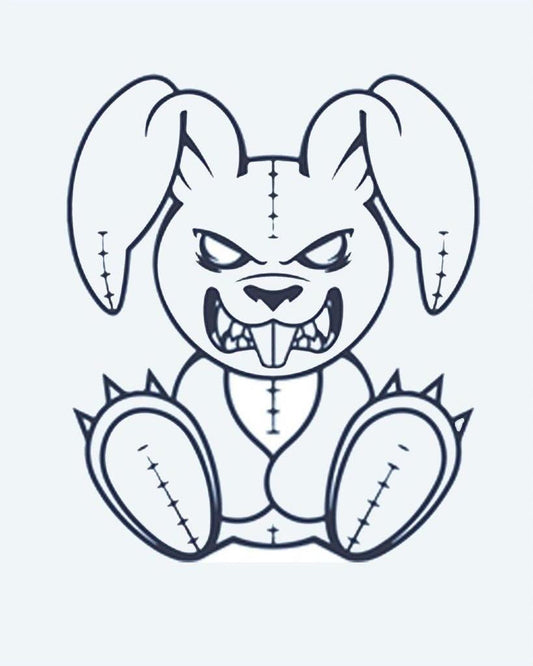 Evil Bunny semi-permanent tattoo design by INKON – creepy, stitched, bunny, plush, menacing illustration, 2 x 2 in (5x5cm), available at inkon.co