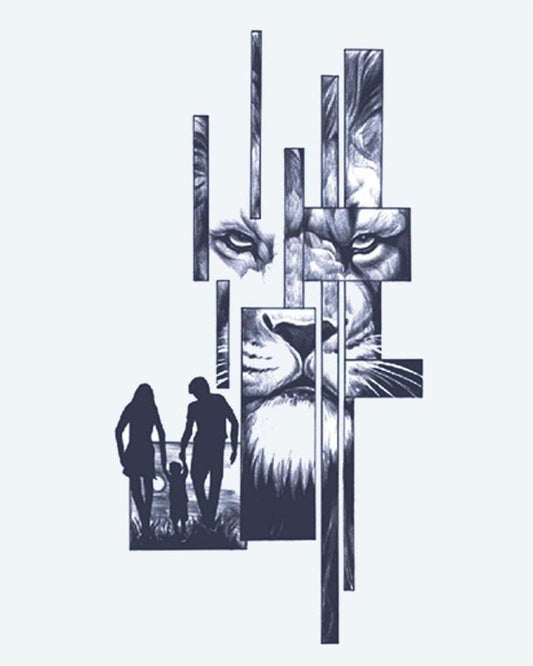 Lion & Family Silhouette semi-permanent tattoo design by INKON – abstract, fragmented, lion, portrait, family illustration, 4 x 7 in (10x17cm), available at inkon.co
