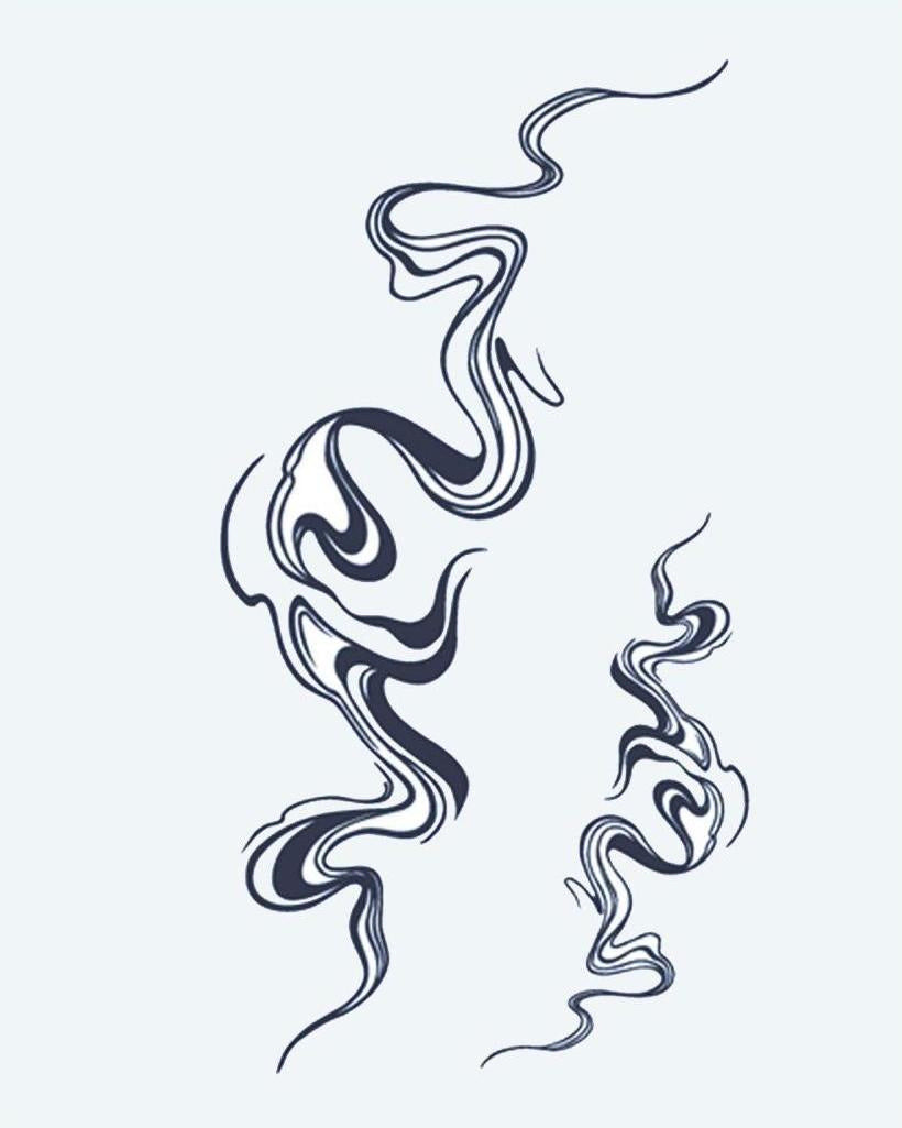 Abstract Smoke Swirls semi-permanent tattoo design by INKON – flowing, abstract, smoke, wisps, fluid illustration, 4 x 7 in (10x17cm), available at inkon.co