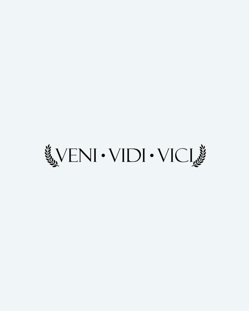 Veni Vidi Vici semi-permanent tattoo design by INKON – latin, phrase, veni, vidi, vici illustration, 4 x 7 in (10x17cm), available at inkon.co
