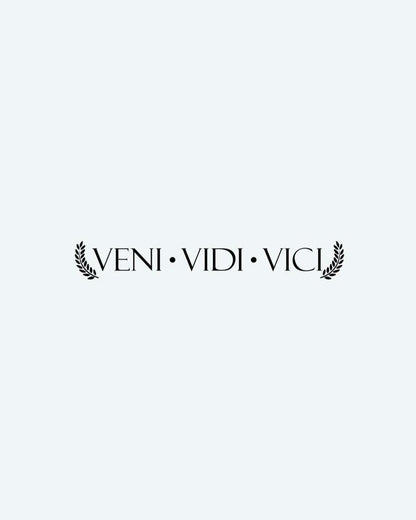 Veni Vidi Vici semi-permanent tattoo design by INKON – latin, phrase, veni, vidi, vici illustration, 4 x 7 in (10x17cm), available at inkon.co