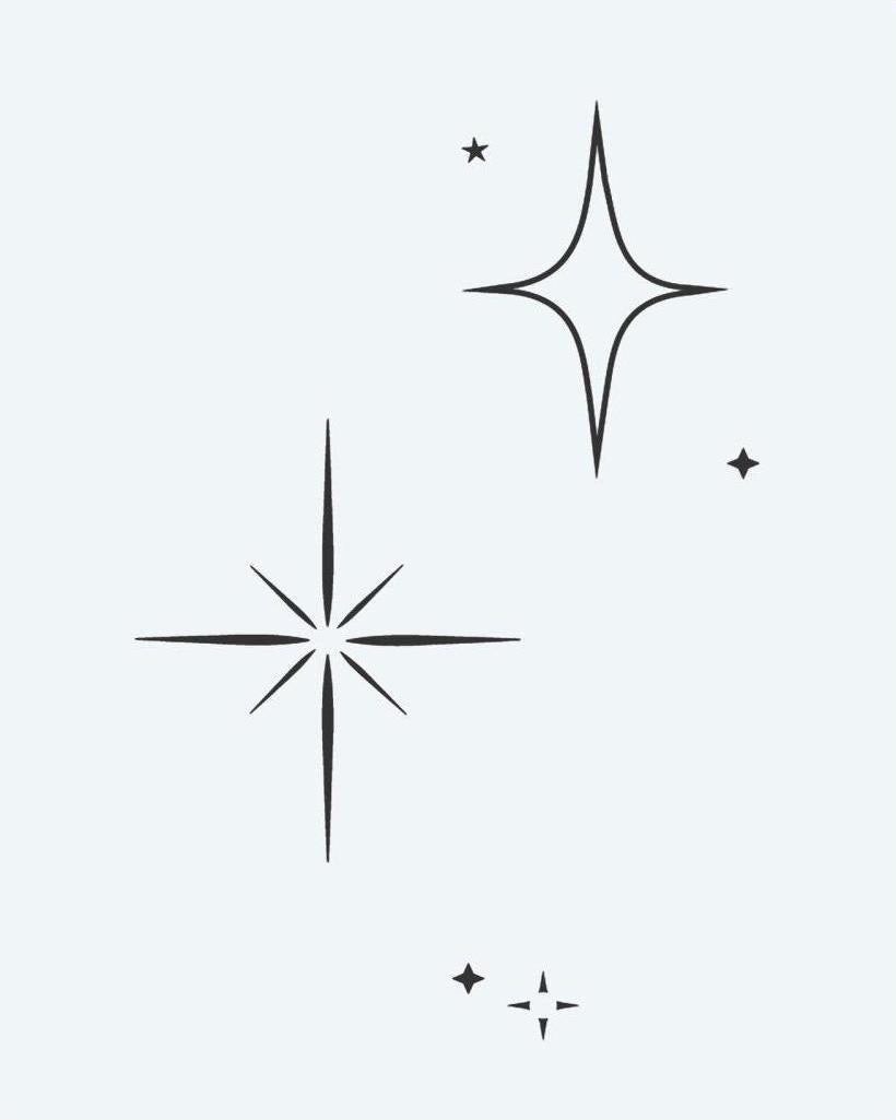 Sparkle Stars semi-permanent tattoo design by INKON – minimalist, assorted, four, point, eight illustration, 3 x 4 in (6x11cm), available at inkon.co