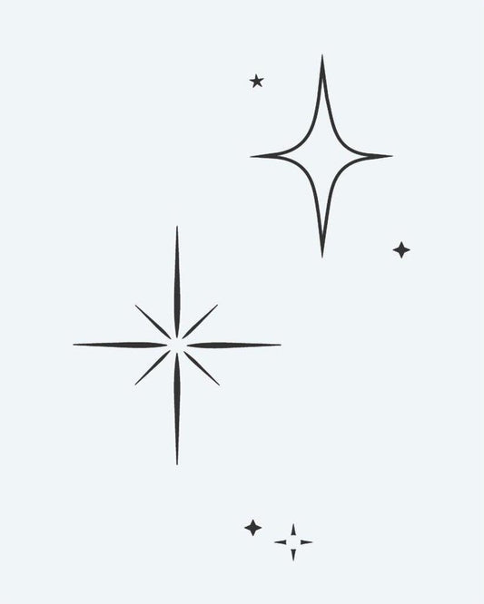 Sparkle Stars semi-permanent tattoo design by INKON – minimalist, assorted, four, point, eight illustration, 3 x 4 in (6x11cm), available at inkon.co