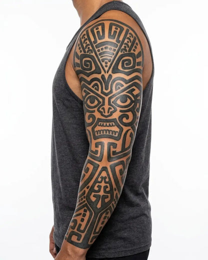 INKON Polynesian Tiki Face semi-permanent tattoo applied on a man – 8 x 20 in (20x50cm) design, realistic ink look, lasts 10 days