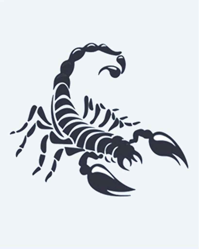 Scorpion semi-permanent tattoo design by INKON – scorpion, segmented, pincers, curled, stinger illustration, 2 x 2 in (5x5cm), available at inkon.co