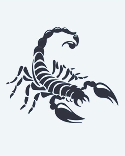 Scorpion semi-permanent tattoo design by INKON – scorpion, segmented, pincers, curled, stinger illustration, 2 x 2 in (5x5cm), available at inkon.co