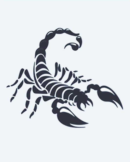 Scorpion semi-permanent tattoo design by INKON – scorpion, segmented, pincers, curled, stinger illustration, 2 x 2 in (5x5cm), available at inkon.co