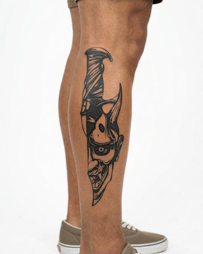 INKON Hannya & Knife semi-permanent tattoo applied on a man – 4 x 8 in (11x21cm) design, realistic ink look, lasts 10 days