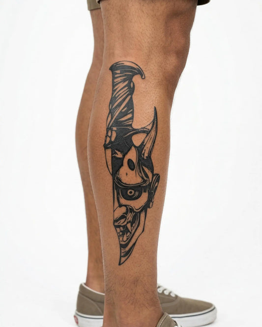 INKON Hannya & Knife semi-permanent tattoo applied on a man – 4 x 8 in (11x21cm) design, realistic ink look, lasts 10 days