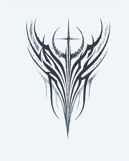 Tribal Wings & Cross semi-permanent tattoo design by INKON – symmetrical, tribal, wings, crescent, moon illustration, 4 x 8 in (11x21cm), available at inkon.co