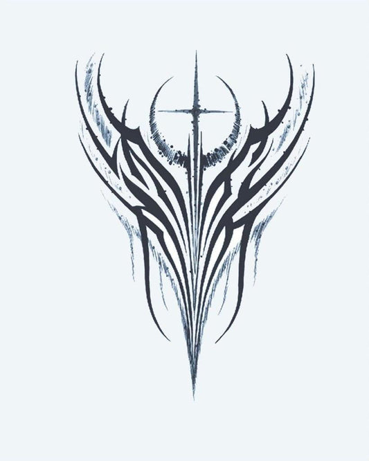 Tribal Wings & Cross semi-permanent tattoo design by INKON – symmetrical, tribal, wings, crescent, moon illustration, 4 x 8 in (11x21cm), available at inkon.co