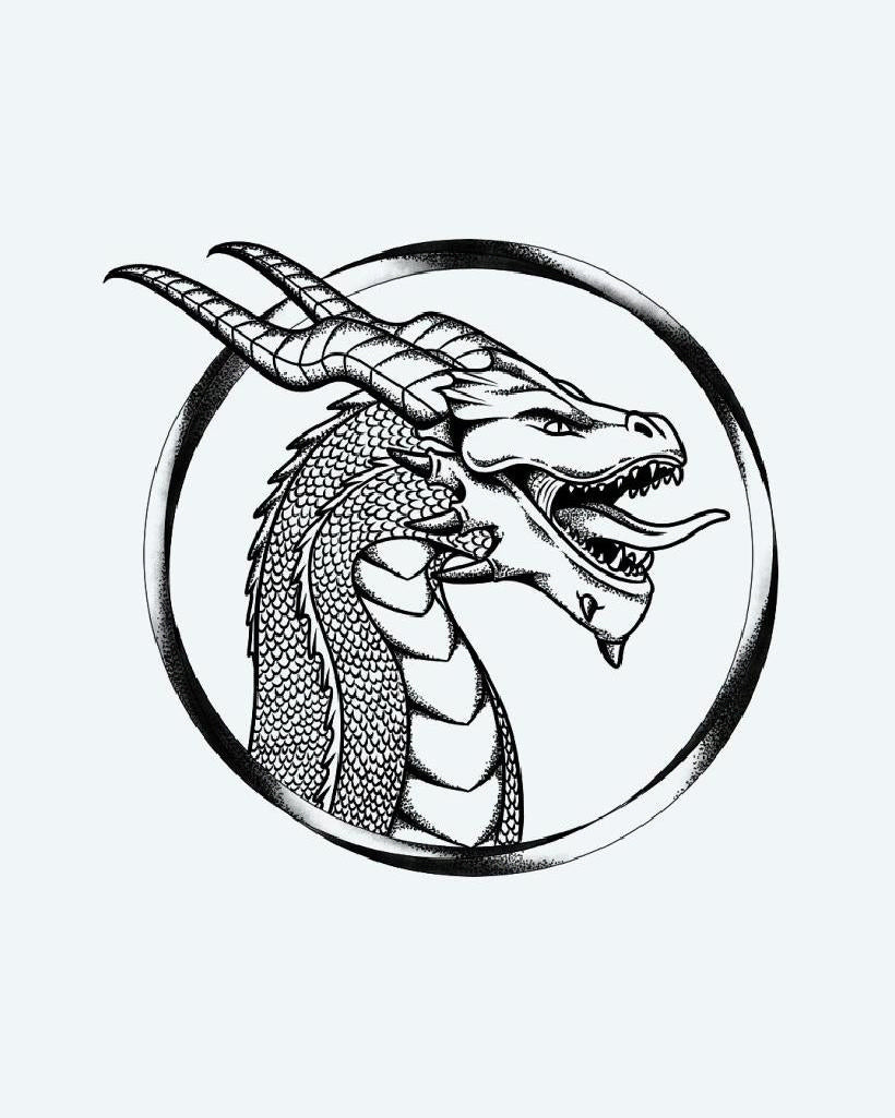 Horned Dragon Portrait semi-permanent tattoo design by INKON – illustrative, blackwork, horned, dragon, framed illustration, 4 x 4 in (9x9cm), available at inkon.co