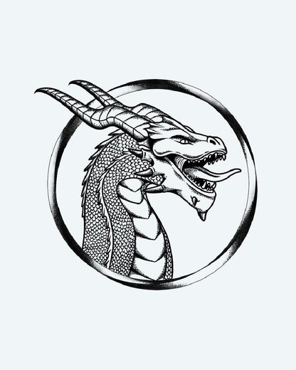 Horned Dragon Portrait semi-permanent tattoo design by INKON – illustrative, blackwork, horned, dragon, framed illustration, 4 x 4 in (9x9cm), available at inkon.co