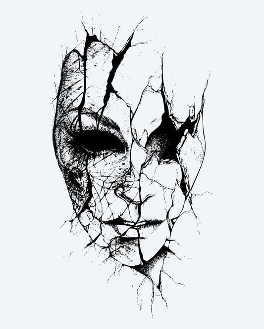 Cracked Face semi-permanent tattoo design by INKON – hauntingly, cracked, face, expressive, mysterious illustration, 3 x 4 in (7x10cm), available at inkon.co